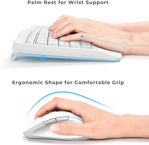 Vista 2 de Combo ergonómico de teclado y mouse, teclado inalámbrico de computadora de tamaño completo con reposamuñecas de palma mouse ergonómico para Blanco