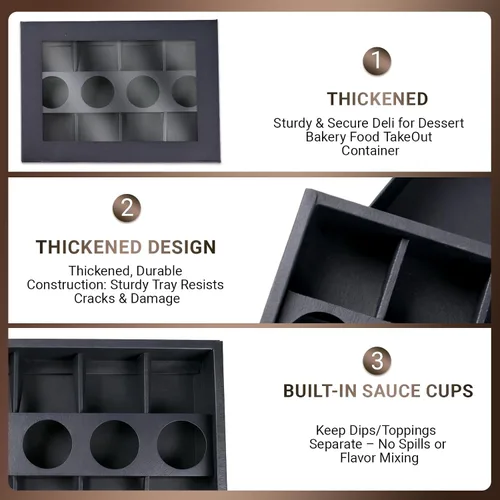 Vista 6 de Caja de pastelería desechable de 8 compartimentos con tapas, 10 unidades, caja negra dividida para panadería con soporte para inmersión para 4-6