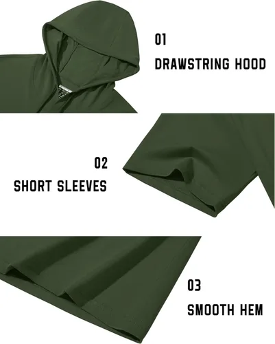 Vista 6 de TACVASEN Short Sleeve Hoodies for Men Cotton Hoodies Summer Sweatshirt Lightweight Breathable Workout Shirts Pullover Verde militar