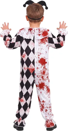 Vista 2 de Disfraz de payaso sangriento para niños, disfraz de Halloween aterrador que incluye máscara y overol Negro & blanco
