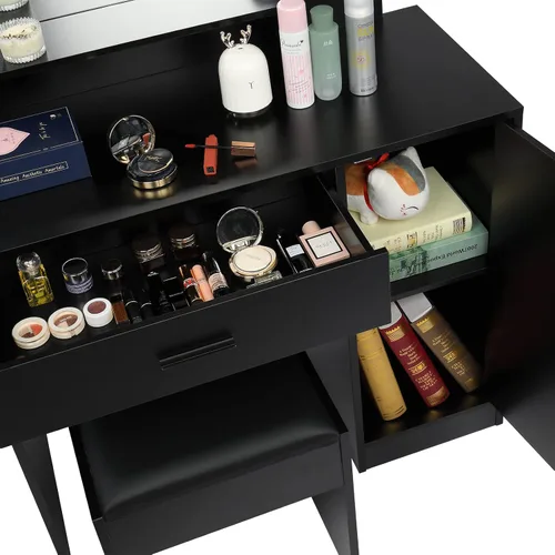 Vista 5 de Juego de tocador grande, mesa de maquillaje iluminada con taburete de tocador, tocador de maquillaje con luces, escritorio de maquillaje