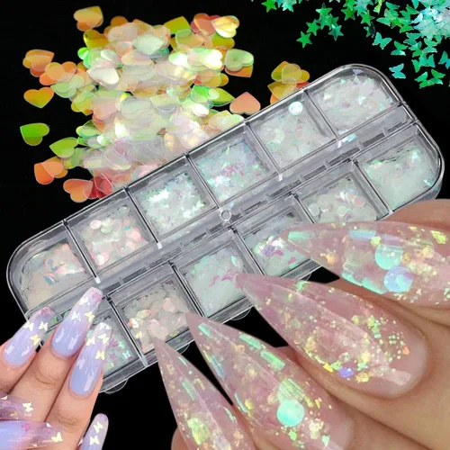 Vista 3 de 24 rejillas de lentejuelas holográficas para uñas y 1 pinza Adhesivo iridiscente con purpurina de copos de sirena ultra finos y coloridos