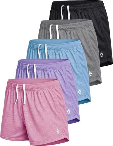 Vista 9 de Liberty Imports Paquete de 5 pantalones cortos deportivos de malla para mujer, entrepierna de 5 pulgadas, pantalones cortos sueltos con bolsillos