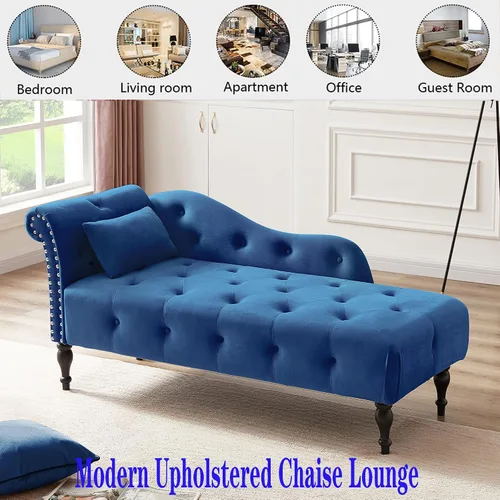 Vista 3 de Tumbona moderna de terciopelo de 60.6 pulgadas para interiores, silla de salón tapizada con cabeza de clavo recortada y patas de madera maciza, sofá