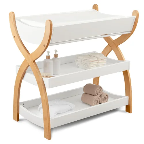 Vista 9 de Comfy Cubs Mesa Cambiadora para Bebé - Construcción de Madera Resistente, Mesa de Cambio para Bebé de Aspecto Atemporal con Dos Estantes Abiertos