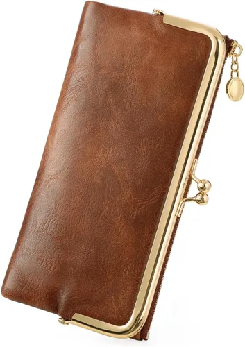 Vista 21 de GOIACII Cartera de mujer con cierre de beso, cartera larga con cremallera, con tarjetero compacto vintage para damas, A01 verde , medio, Classic