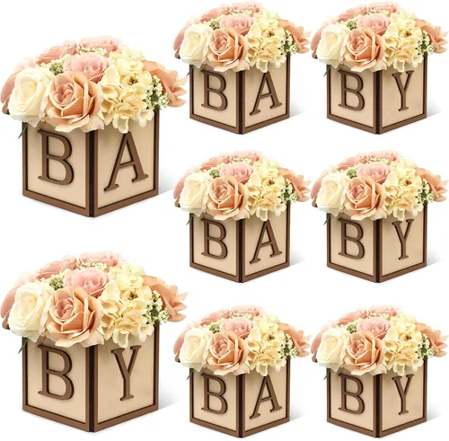 Vista 16 de Juego de 4 centros de mesa de baby shower para mesas, cajas de madera de 6 pulgadas con letras de bebé, cubos rústicos, bloques de madera para Rosa