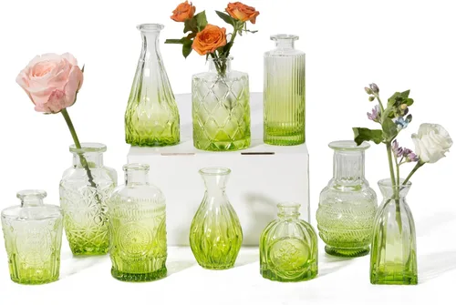 Vista 9 de Juego de 10 jarrones de cristal ámbar, pequeños jarrones de flores para decoración de boda