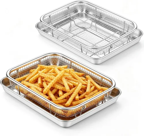 Vista 10 de TeamFar Paquete de 2 cestas para freidora de aire para horno, 9.3 x 7 x 1.9 pulgadas Stainless Steel, with Grease-Catching Tray, Less Oil &