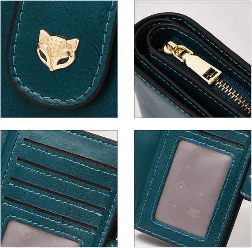 Vista 5 de FOXLOVER Carteras plegables para mujer, bloqueo RFID, embalaje de regalo, monederos de mano con cremallera, Azul-A, Moda