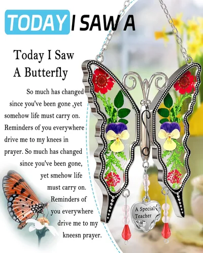 Vista 2 de KY &BOSAM - Atrapa luz de vitral con mariposa de color, con la frase A special teacher. Campanilla para el viento, como regalo para la profesora