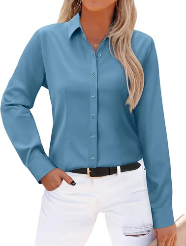 Vista 19 de Gleeivy - Camisas abotonadas para mujer, sin arrugas, de manga larga, camisas de vestir casuales con cuello V, ajustadas, de un solo