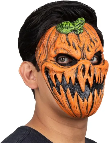 Vista 4 de Máscara de calabaza embrujada de Ghoulish Prodcutions. Máscara de calabaza naranja. Máscara de látex de calabaza aterradora. Máscara de látex