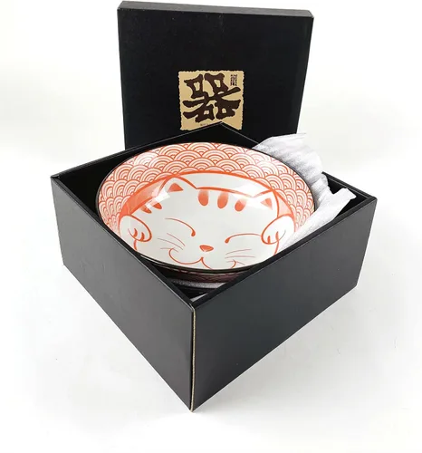 Vista 2 de JapanBargain 4694 - Juego de 2 cuencos de sopa y cucharas japonesas grandes de porcelana japonesa, cuencos de ramen con patrón de gato de la suerte