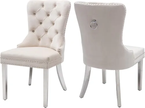 Vista 36 de Juego de 2 sillas de comedor de terciopelo beige, elegantes capitoné