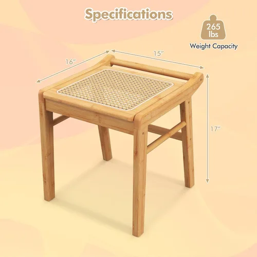 Vista 3 de CHARMAID Taburete de tocador, reposapiés otomano de bambú con asiento de ratán, almohadillas antideslizantes, banco de silla de tocador