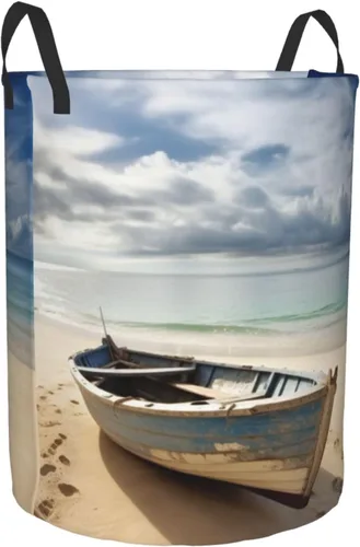 Vista 2 de Boat on the Beach print Circular Hamper Waterproof Storage Bin Organizer Basket Laundry Hamper With Handles For Clothes Toys Small