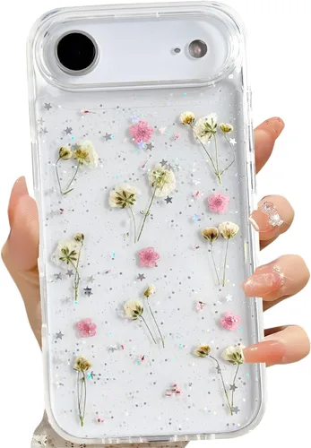 Vista 7 de LSEEKA Funda transparente para iPhone 11 con diseño de flores prensadas reales, linda y brillante, patrón floral rosa, funda protectora delgada
