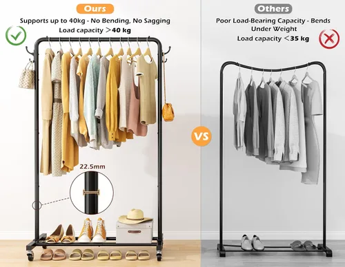 Vista 4 de HOMIDEC Clothes Rail, Metal Clothes Rack with 4 Side Hooks, Bottom Storage Shelf and Wheels, Heavy-Duty Clothing Rail Holds Up to 40kg, Clothes