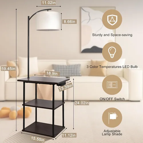 Vista 4 de PESRAE Lámpara de pie con mesa, lámparas para mesita de noche con estación de carga (USB y tipo C y puerto de CA), bombilla LED de 3 temperaturas