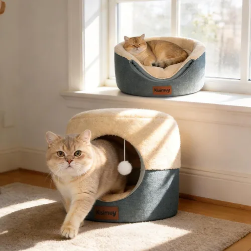 Vista 10 de Cueva de cama para gatos de interior, 2 en 1 plegable para gatos y cama lounge con cojín reversible, casa cerrada calmante y antiansiedad