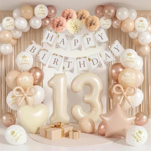 Vista 8 de Decoraciones de cumpleaños número 13 en crema para niñas, globos beige con número 13 en forma de corazón y estrella marrón, globos neutros