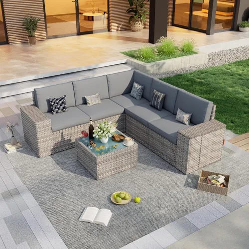 Vista 18 de Juego de muebles de patio de 6 piezas, sofá modular para exteriores con reposabrazos anchos, sofá de grupo de asientos de mimbre con mesa auxiliar