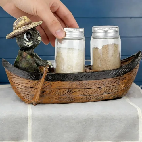 Vista 4 de Turtle in Rowboat - Juego de salero y pimentero, decoración de cocina náutica costera, figura de tortuga con 2 tarros de especias de vidrio