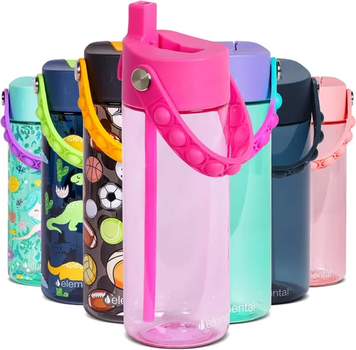 Vista 21 de Elemental Botellas de agua para niños – Botella de agua para niños Splash para la escuela con mango Pop-it – Botella de agua de plástico Tritan sin