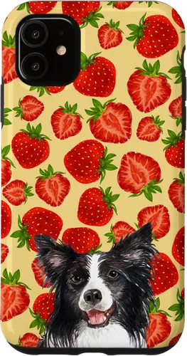 Vista 5 de iPhone 15 Border Collie Dog Red Cut Fresas Fruta Crema Patrón Caso