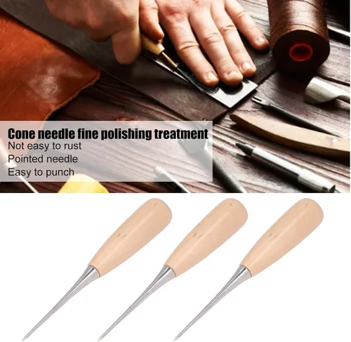 Vista 2 de Punzón de cuero para bricolaje, 3 piezas de punzón de cuero con mango de madera, juego de herramientas de perforación de cuero para reparar