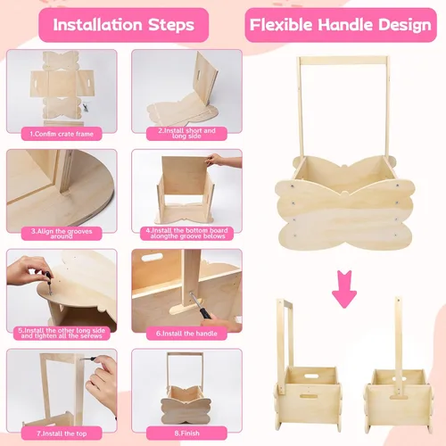 Vista 4 de Cesta de baby shower, armario de madera para baby shower con asa, armario de bebé de gran capacidad, cesta de regalo personalizada para bebés
