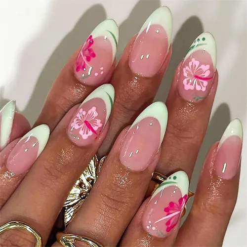 Vista 26 de Uñas postizas a presión con punta francesa, uñas postizas medianas con flores 3D, concha de perla, diseño de estrellas de mar, uñas blancas a