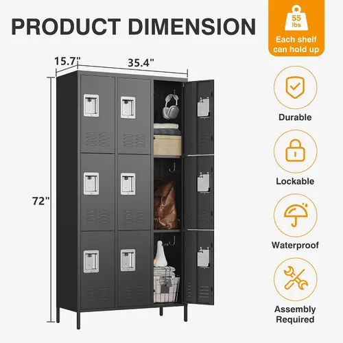 Vista 3 de STANI Taquillas de metal para empleados con cerradura, armario de almacenamiento de acero de 9 puertas altas con estantes, gabinete de acero