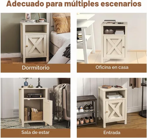 Vista 7 de Juego de 2 mesitas de noche de granja, mesa auxiliar lateral rústica vintage con almacenamiento, mesa auxiliar de madera con puerta de granero