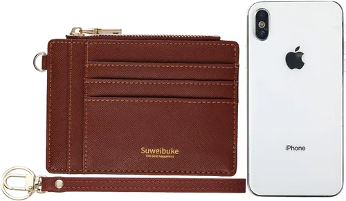 Vista 3 de Wikavanli Funda delgada para tarjetas de crédito con bloqueo Rfid para mujer, cartera con cremallera, cartera pequeña y compacta de cuero