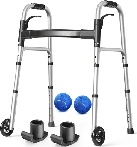 Vista 7 de Caminantes plegables para personas mayores, ruedas de 5 pulgadas, caminante ligero con ruedas, soporta hasta 350 libras, caminante estándar