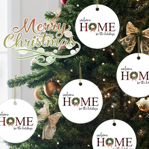 Vista 7 de Adorno de Navidad de cerámica de 3 pulgadas, recuerdo de bienvenida a casa para las vacaciones, divertido colgante de porcelana impresa de dos caras