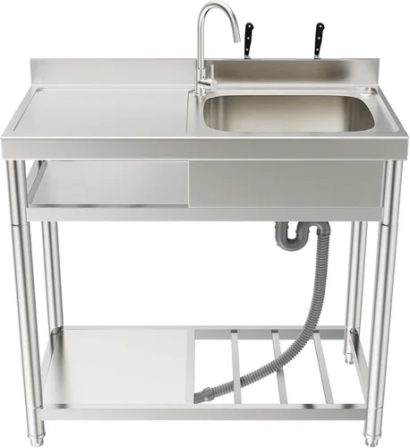 Vista 10 de ROOMTEC Juego de fregadero de acero inoxidable 304, fregadero de cocina de restaurante comercial, fregadero al aire libre con banco de trabajo