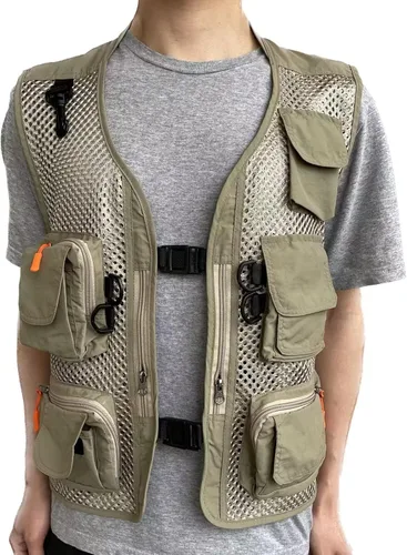 Vista 8 de Chaleco de malla transpirable con múltiples bolsillos para hombre, viajeros al aire libre, pesca con mosca, fotografía
