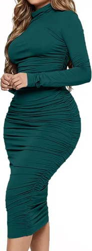 Vista 2 de Ekaliy Vestido midi ajustado y fruncido para mujer, sexy, con cuello alto falso, manga larga, vestidos de tubo
