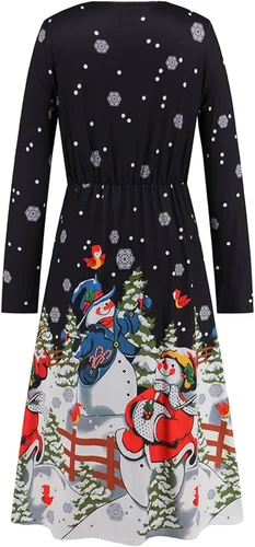 Vista 8 de Vestidos de Navidad para mujer, de manga larga, casual, falda de cóctel, fiesta, acampanado, vestido de Navidad, vestido midi para fiesta