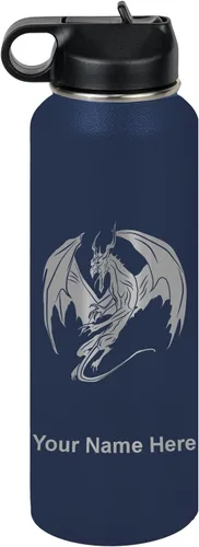 Vista 67 de LaserGram Botella de agua con tapa abatible de doble pared de 12 onzas con pajilla, dragón, grabado personalizado incluido (negro)