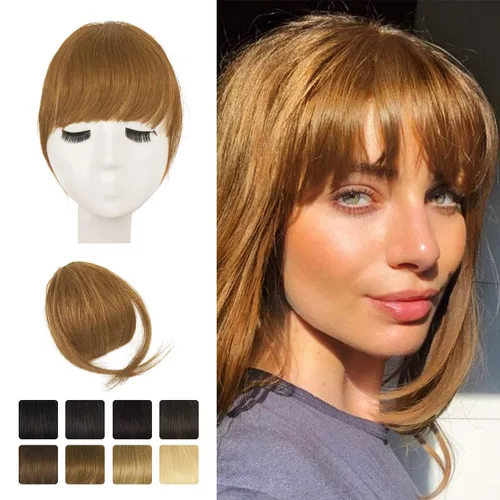 Vista 30 de BARSDAR Flequillo postizo de pelo humano real - Flequillo postizo 100% pelo humano para mujeres - Extensiones de flequillo ondulado castaño rojizo
