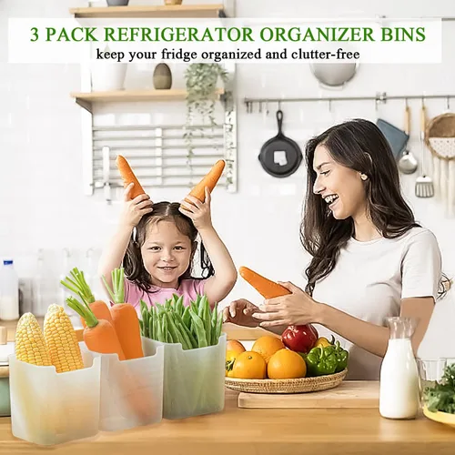 Vista 6 de Paquete de 3 cajas organizadoras de refrigerador, contenedores de plástico para almacenamiento de puerta lateral del refrigerador, contenedores