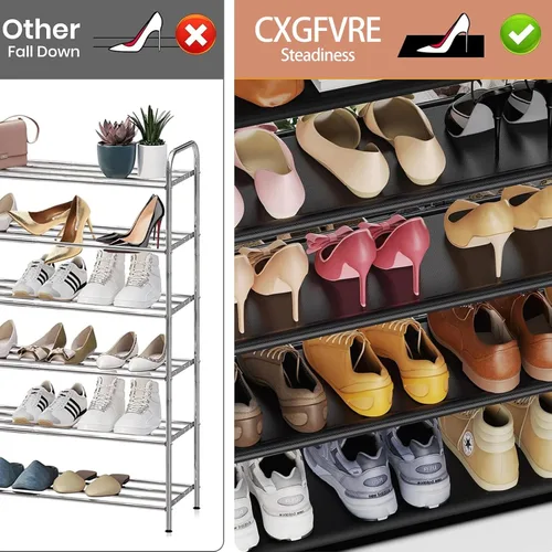 Vista 6 de Zapatero independiente de 5 niveles, organizador de zapatos que ahorra espacio con bolsillos laterales y ganchos de metal, zapatero ajustable