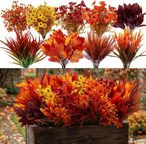 Vista 13 de CEWOR - 12 paquetes de flores artificiales para interior y exterior, margarita de seda falsa con hojas de eucalipto, flor artificial para maceta