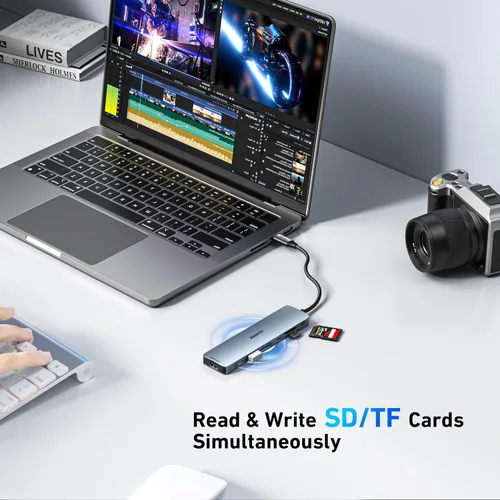 Vista 6 de BENFEI Concentrador USB C 7 en 1 con HDMI (4K@60Hz), 2 USB-A, 1 USB-C de datos, carga de 100W, lector de tarjetas SD/TF, cable sin enredos