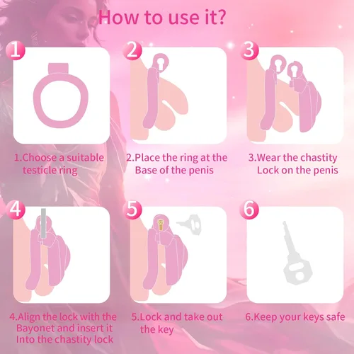 Vista 5 de Jaula de castidad masculina ligera ABS + dispositivo de castidad de resina, juguetes sexuales para adultos con 4 tamaños diferentes de anillos, Rosa