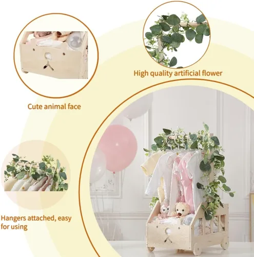 Vista 6 de Armario de madera para baby shower con ruedas empujables, cesta de baby shower personalizada, regalo de bienvenida para niños recién nacidos
